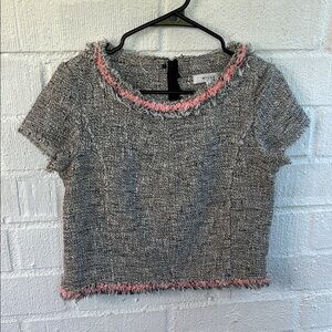 Milly of New York Black and White Boxy Crop Neon Orange Fringe Blouse